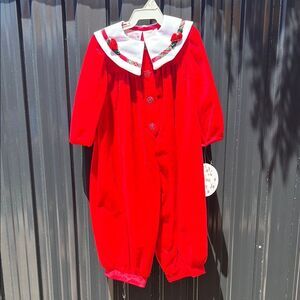 Allison Ann Vintage Christmas Red Velvet Baby Romper White Peter Pan Collar 18M